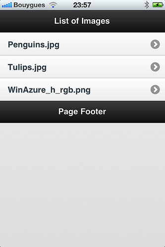 My first iPhone PhoneGap application… Not much to look at, but it accesses Windows Azure Blobs di...