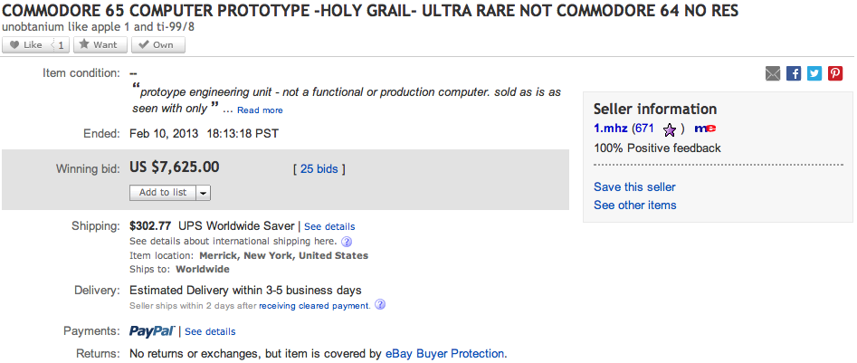 Another Commodore 65 auction : sold for $7,625 which is slightly less than the latest sales, howe...