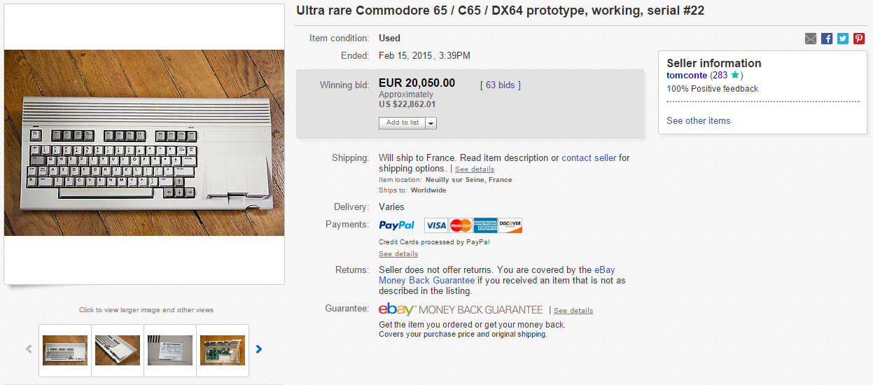 A little while ago, I sold my Commodore 65 prototype on eBay and it reached the neat sum of 20,0...